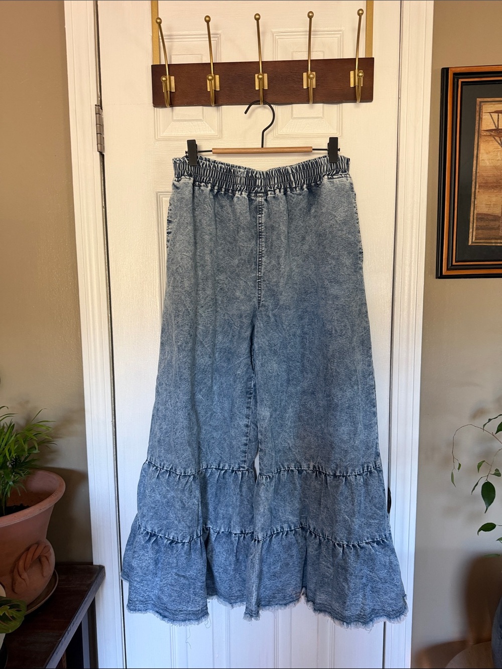 Denim Tiered Maxi Pants- Light Blue Raw Hems No Tags W: 14.5”